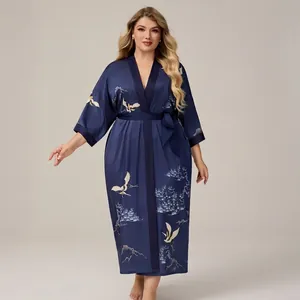 Peignoir en Satin Grande Taille Femme Pyjama Kimono Long Imprimé Floral Motif Grue Lotus Col en V Vêtement de Détente Robe de Chambre Ceinturée