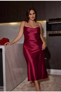 Close-up of elegant burgundy cowl neck satin slip dress with adjustable thin straps