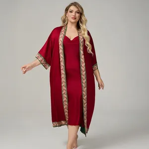 Women Plus Size Satin Robe Set Luxurious Baroque Printed Sleepwear Kimono Bathrobe With Camisole Dress Home Wear