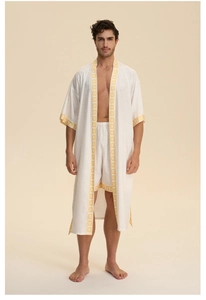 Vue détaillée du pyjama blanc pour homme avec bordures à motifs mandala géométriques jaunes