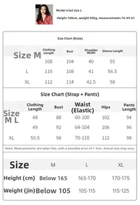 Detailed size chart for ice silk pajamas set including robe, camisole, and pants