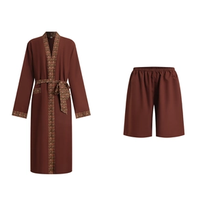 Men's cotton two-piece loungewear set in dark brown with floral pattern trim and waist belt
