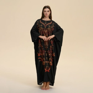 Elegant black kaftan abaya with floral ethnic embroidery and loose batwing sleeves
