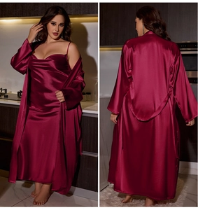 Detailed front and back view of burgundy satin sleepwear set with robe and long dress