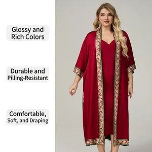 Deep red satin plus size robe set with gold vintage trim and inner camisole dress