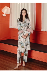 Silk pajamas with classical landscape print and elegant pink feather cuffs on robe