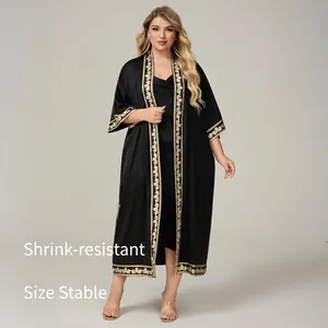 Black plus size satin robe set with elegant gold baroque embroidery and slip dress