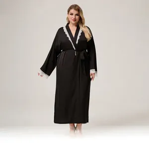 Women Plus Size Satin Robe Lace Trim Long Sleeve V Neck Nightgown With Belt Solid Color Sleepwear Lounge Bathrobe