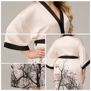 Peignoir en satin de soie champagne pour femme avec bordure noire et motifs de branches