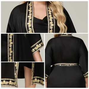 Women's black satin robe with luxurious golden baroque print borders and waist tie belt