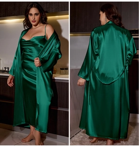 Lustrous emerald green satin plus size sleepwear set with long robe and slip dress