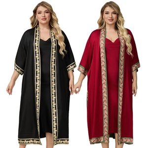 Elegant plus size satin lounge robe set with intricate embroidery in black and deep red
