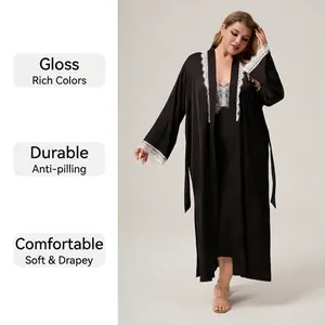 Women's plus size black satin long sleeve robe set with delicate white lace trim