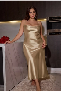 Macro detail of champagne gold satin long dress with elegant cowl neck and silky texture
