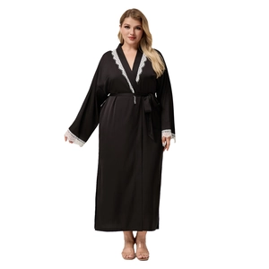 Women's black satin long bathrobe with white eyelash lace trim and waist tie