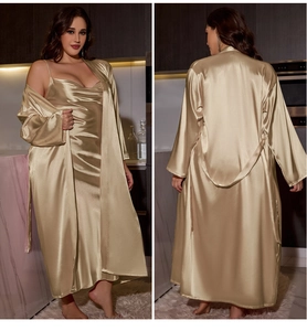 Detailed view of women's champagne satin long nightgown and belted robe set in plus size