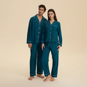 Polyester Piping Detail Pajamas For Couples Casual Long Sleeve Top And Bottom Comfortable Loungewear For Men And Women