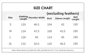 Size chart for feather trim satin robe showing length bust and shoulder measurements