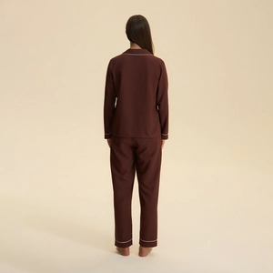Deep burgundy long-sleeved pajamas set with white trim, back view of comfortable home wear