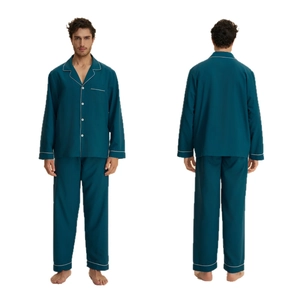Men's cotton long pajamas set with contrast piping and button-down collar in dark green
