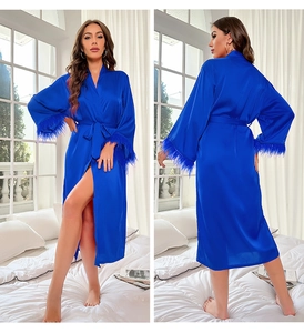 Detailed front and back view of blue satin bathrobe with luxury feather cuffs