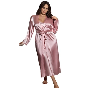 Elegant plus size satin lounge set featuring a long robe and cowl neck nightgown in lotus pink