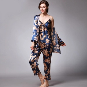 Ensemble de Pyjama en Satin de Luxe pour Femmes Imprimé Dragon Vêtements de Détente Trois Pièces Avec Camisole Peignoir Et Pantalon