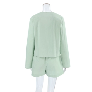 Back view of mint green long sleeve and shorts pajama set for women in pure cotton