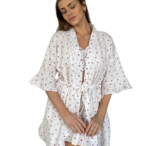 Ensemble pyjama 3 pièces femme en coton avec imprimé cœur rose et peignoir léger