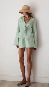 French style mint green cotton pajama set with V-neck tie top and casual loose shorts