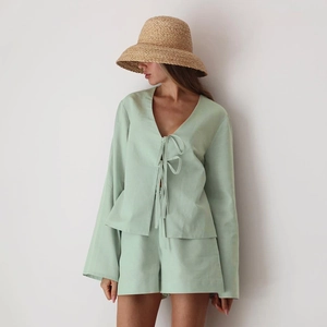 Women 100% Cotton Pajama Set Long Sleeve Tie Front V Neck Top And Shorts Casual Minimalist Soft Breathable Home Wear