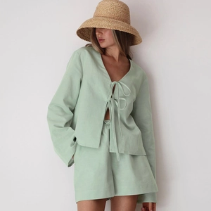 Sage green long sleeve tie-front cotton loungewear set with high-waist shorts