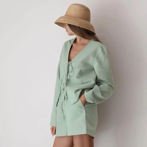 Women's sage green cotton lounge set with V-neck tie-front long sleeve top and shorts
