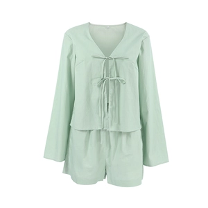 Women's light green cotton lounge set with tie-front long sleeves and matching shorts