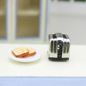 Miniature dollhouse toaster set with silver metal finish and realistic bread for ob11 decor