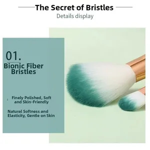 Detail of soft bionic fiber bristles with green gradient on professional makeup brush