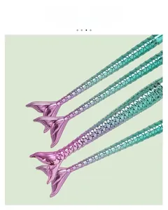 Macro detail of mermaid scale makeup brush handles with blue purple metallic gradient