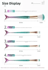 Detailed size chart for the gradient mermaid makeup brush set with handle dimensions