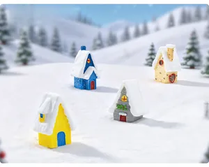 Miniature resin snow houses with colorful roofs and snowy details for Christmas decor