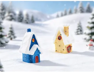 Detail of miniature Christmas snow houses with realistic resin textures and holiday decor