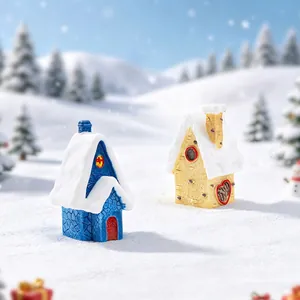 European style resin Christmas snow house cottage miniatures with snowman and snow accents