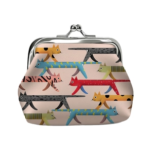 Retro cat print leather coin purse with classic silver metal kiss lock closure