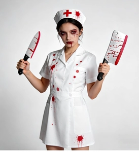 Realistic bloodstained nurse costume set with prop weapons for Halloween party wear