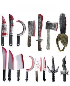 Detailed macro showing 14 styles of blood-stained plastic Halloween horror prop weapons