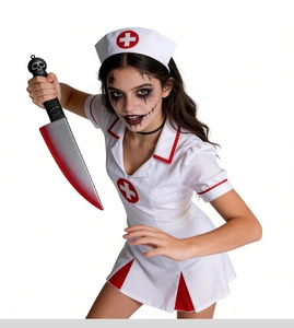 Detail of bloody horror nurse costume featuring realistic prop knife and cross emblem