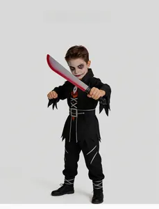 Detail of Halloween zombie costume with jagged edges and blood-stained toy machete