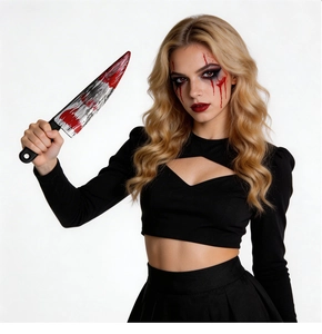 Realistic Halloween toy cleaver with fake blood stains for horror party costumes