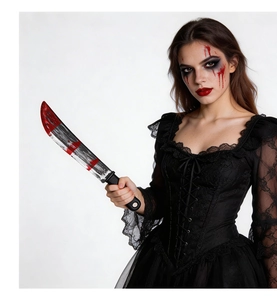 Detailed view of bloodstained Halloween butcher knife prop with gothic lace dress outfit