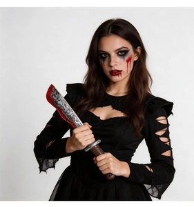 Scary Halloween costume featuring a black cutout dress and a realistic bloody cleaver prop
