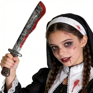 Halloween nun costume set with realistic blood-stained cleaver prop and lace details